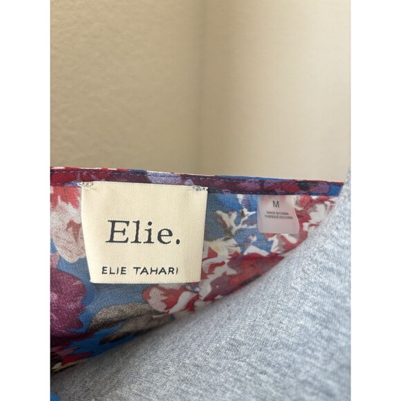 Elie Tahari Size Medium Blue Red Floral Print Ruffle Sleeve Sheer Blouse - Picture 7 of 7
